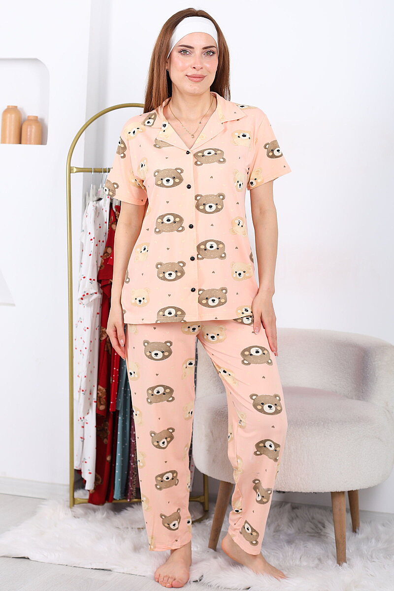 Ayıcık Kafalı Düğmeli Pudra Kadın Pijama Takımı - 7