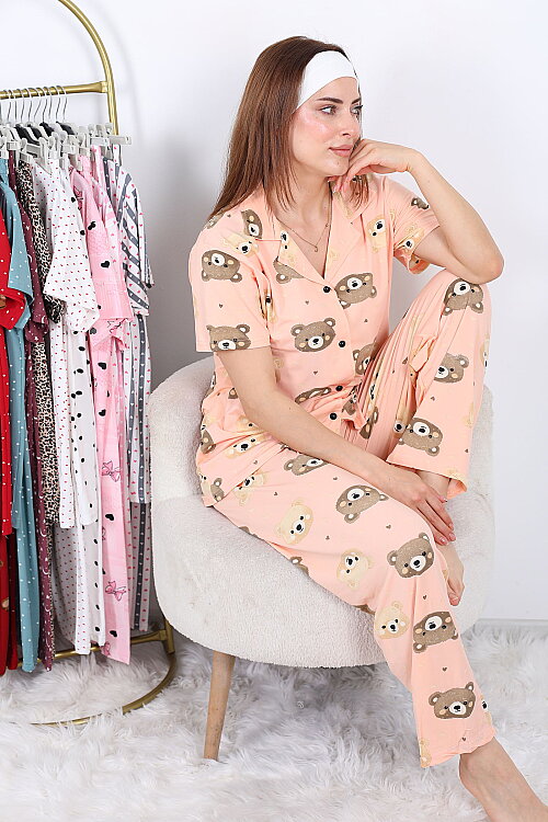 Ayıcık Kafalı Düğmeli Pudra Kadın Pijama Takımı - 6