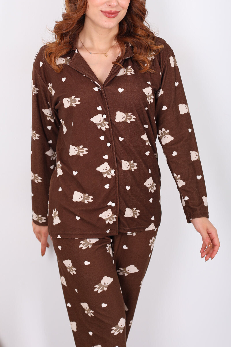 Ayıcık Kalp Detaylı Acı Kahve Kadın Yumoş Pijama Takım - 2