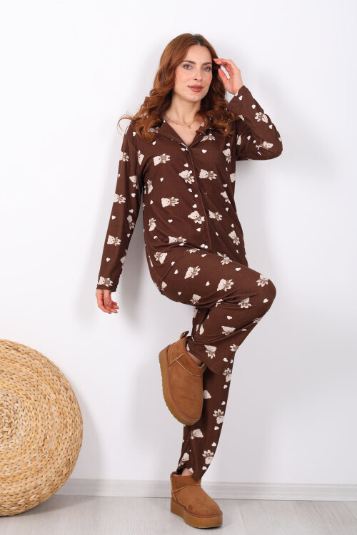 Ayıcık Kalp Detaylı Acı Kahve Kadın Yumoş Pijama Takım - 4