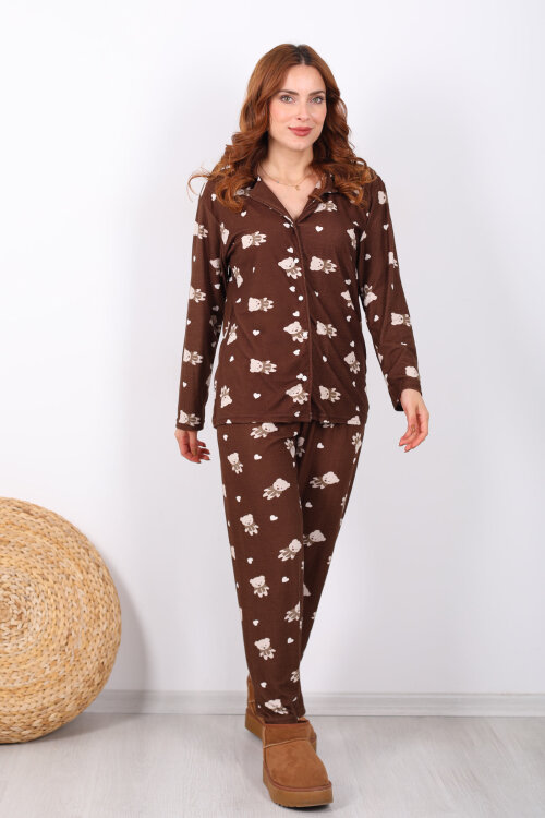 Ayıcık Kalp Detaylı Acı Kahve Kadın Yumoş Pijama Takım - 6