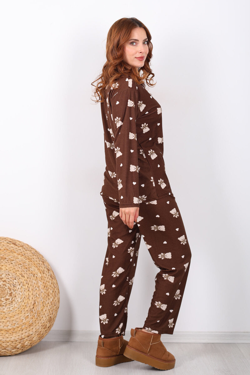 Ayıcık Kalp Detaylı Acı Kahve Kadın Yumoş Pijama Takım - 5