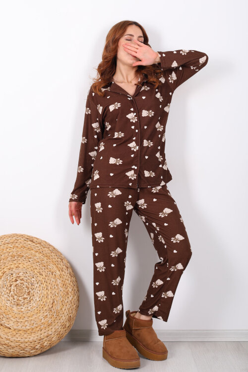 Ayıcık Kalp Detaylı Acı Kahve Kadın Yumoş Pijama Takım - 3