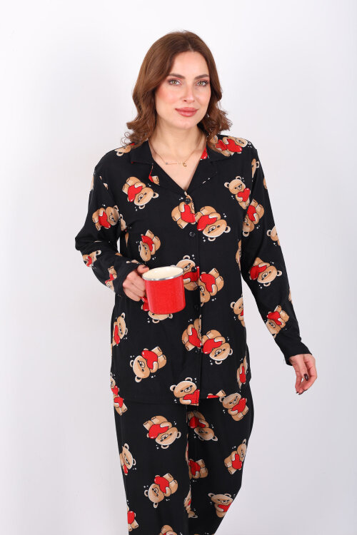 Ayıcık Kırmızı Kalp Detaylı Siyah Kadın Gömlek Pijama Takım - Berox