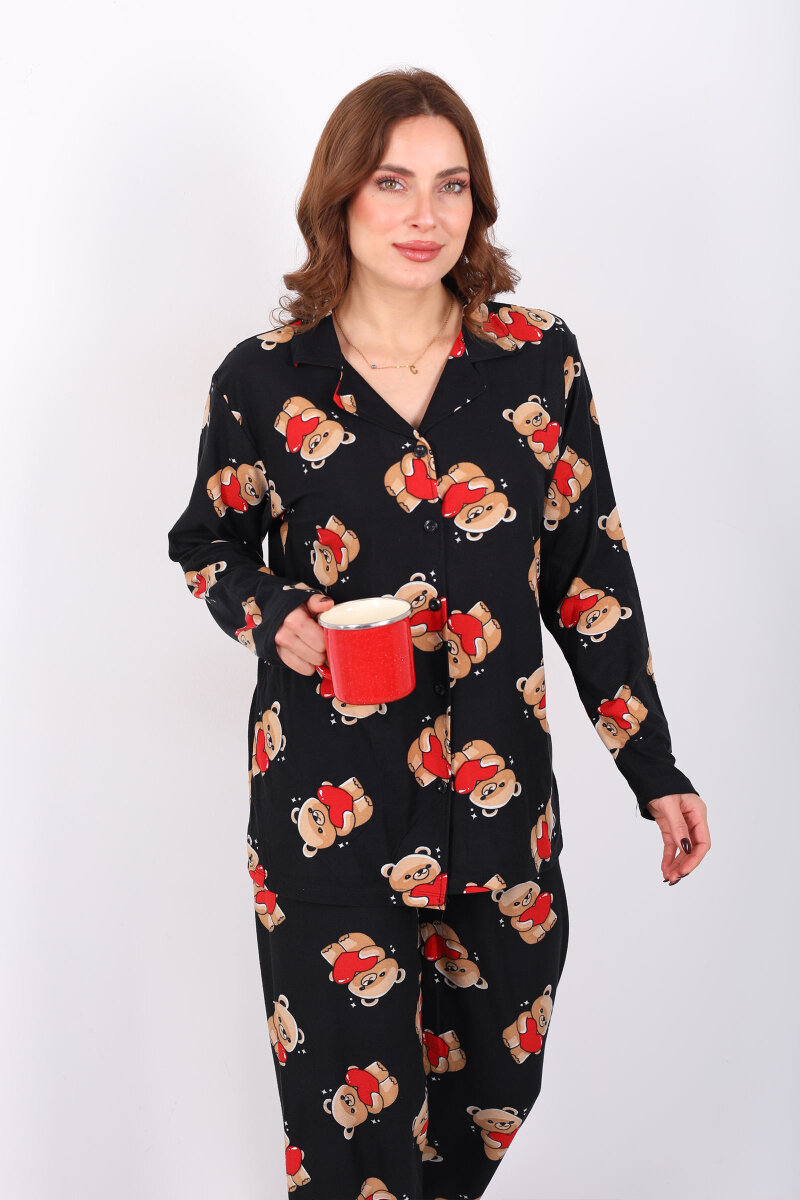 Ayıcık Kırmızı Kalp Detaylı Siyah Kadın Gömlek Pijama Takım - 1