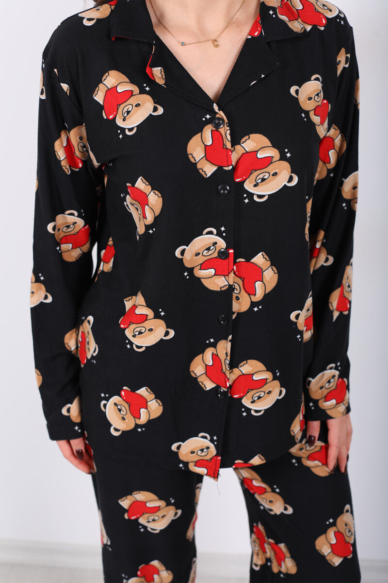 Ayıcık Kırmızı Kalp Detaylı Siyah Kadın Gömlek Pijama Takım - 2