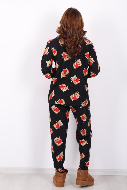 Ayıcık Kırmızı Kalp Detaylı Siyah Kadın Gömlek Pijama Takım - 6