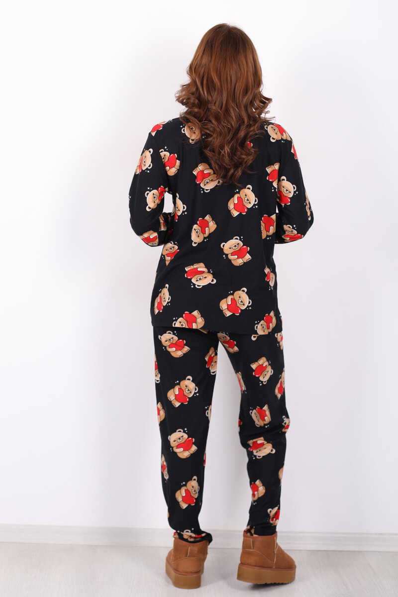 Ayıcık Kırmızı Kalp Detaylı Siyah Kadın Gömlek Pijama Takım - 6