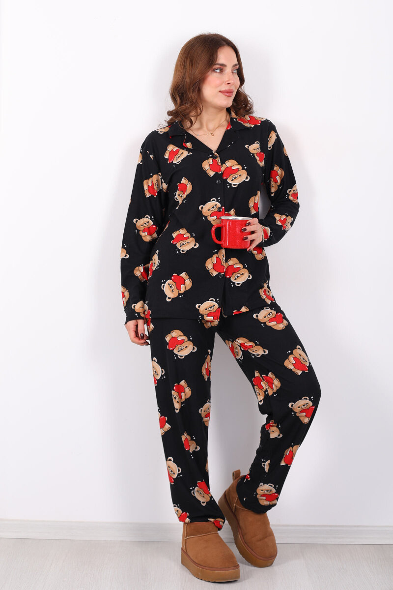 Ayıcık Kırmızı Kalp Detaylı Siyah Kadın Gömlek Pijama Takım - 5