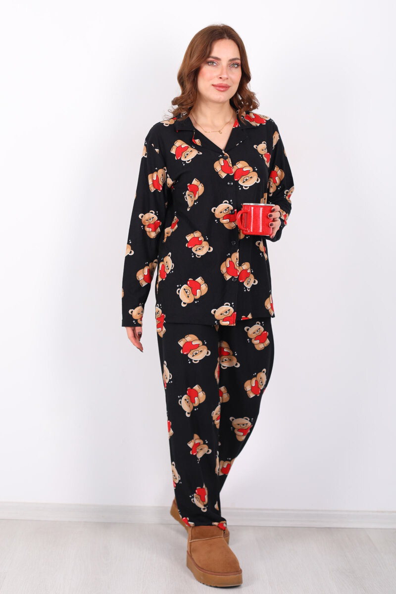 Ayıcık Kırmızı Kalp Detaylı Siyah Kadın Gömlek Pijama Takım - 3