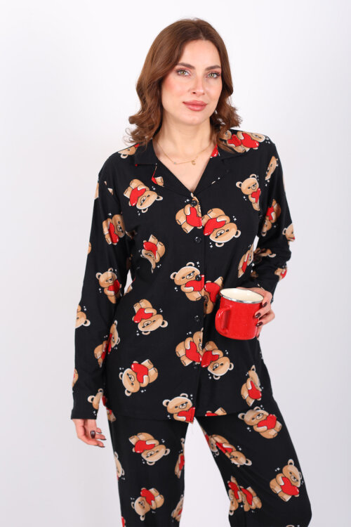 Ayıcık Kırmızı Kalp Detaylı Siyah Kadın Gömlek Pijama Takım - 7