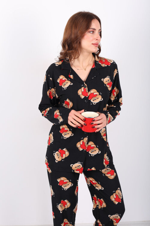 Ayıcık Kırmızı Kalp Detaylı Siyah Kadın Gömlek Pijama Takım - 4