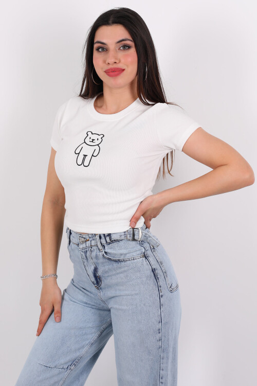 Ayıcık Nakışlı Beyaz Kadın Bluz - 3