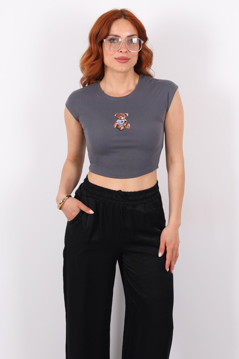 Ayıcık Nakışlı Kolsuz Antrasit Kadın Crop - 4