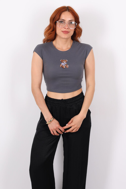 Ayıcık Nakışlı Kolsuz Antrasit Kadın Crop - 3