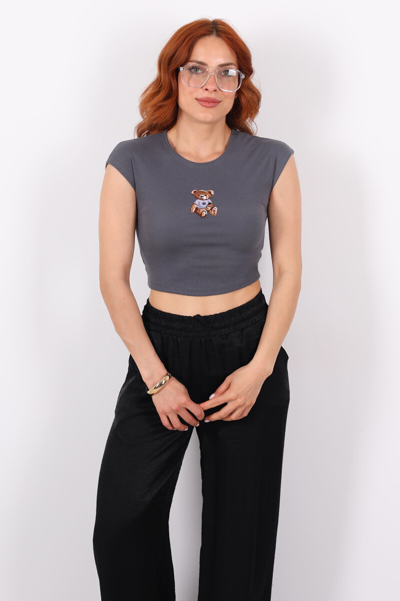 Ayıcık Nakışlı Kolsuz Antrasit Kadın Crop - 3