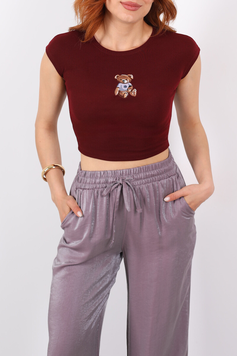 Ayıcık Nakışlı Kolsuz Bordo Kadın Crop - 2