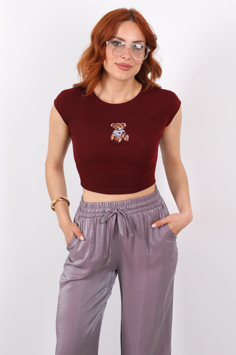 Ayıcık Nakışlı Kolsuz Bordo Kadın Crop - 1