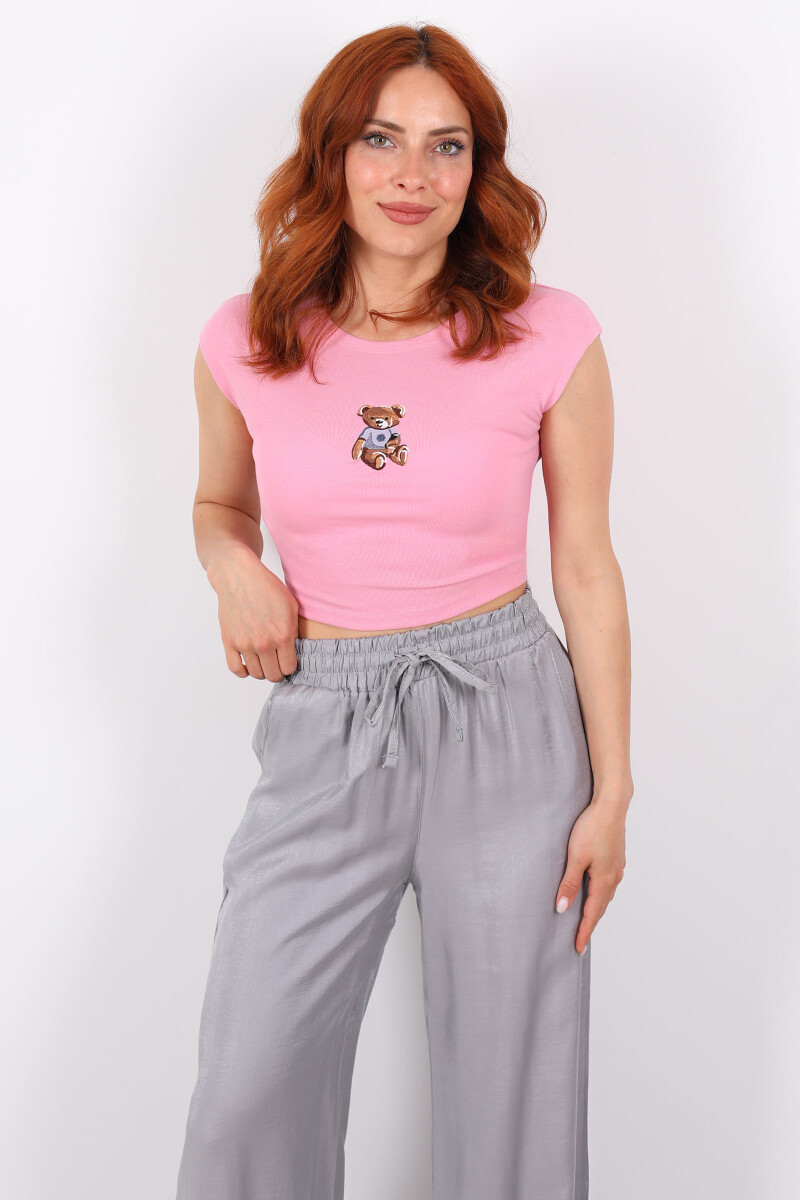Ayıcık Nakışlı Kolsuz Pembe Kadın Crop - 1