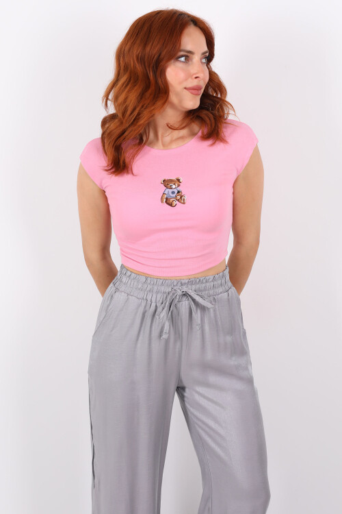 Ayıcık Nakışlı Kolsuz Pembe Kadın Crop - 3
