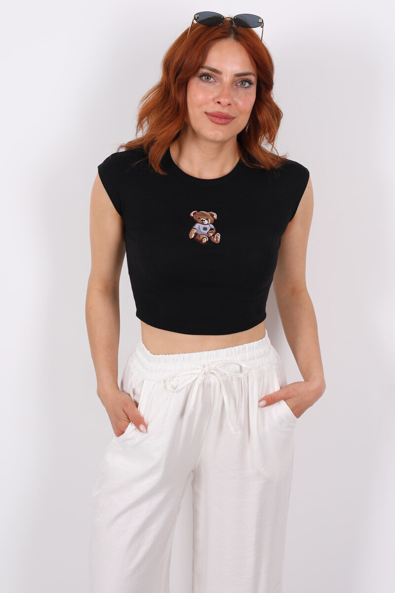 Ayıcık Nakışlı Kolsuz Siyah Kadın Crop - 4