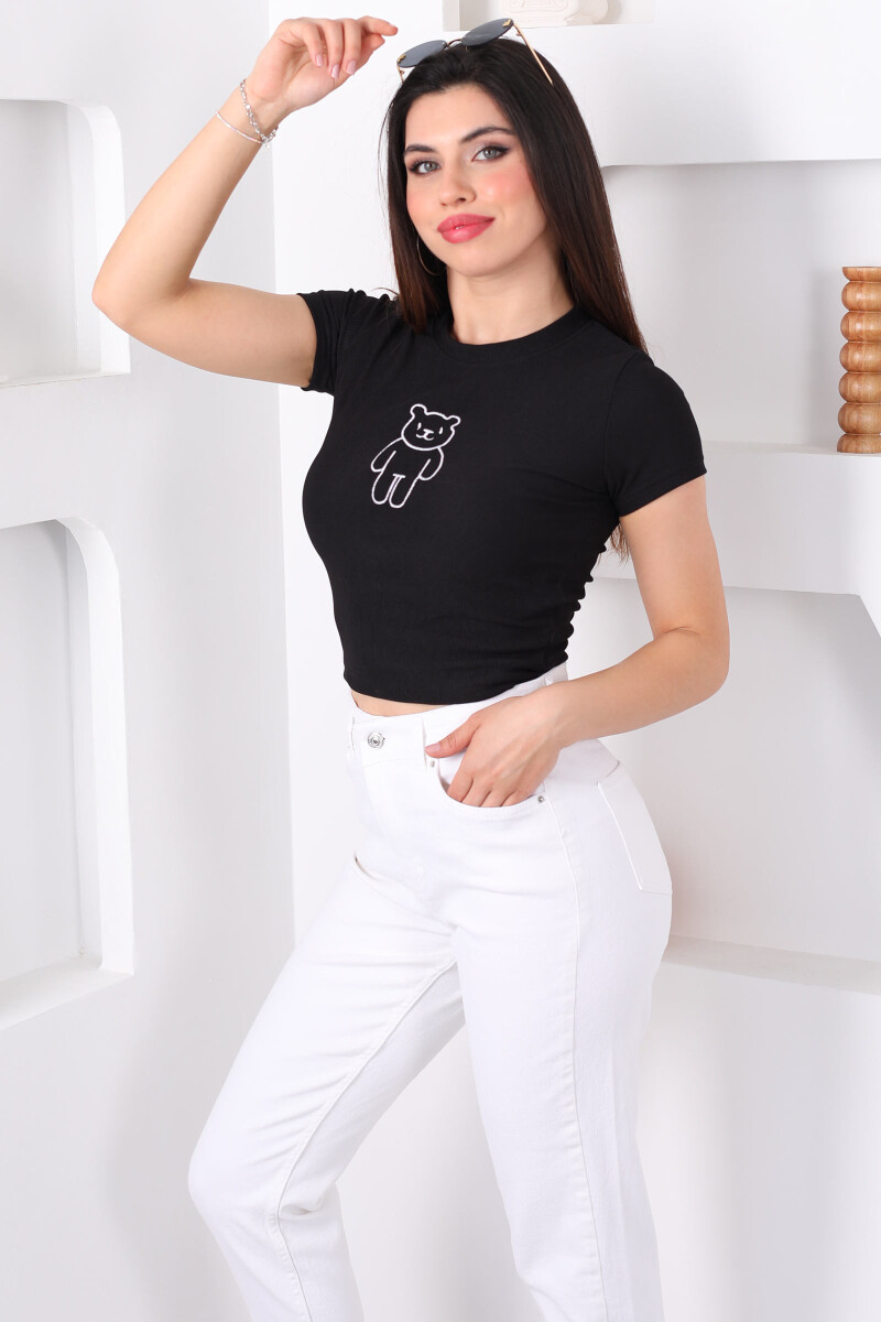 Ayıcık Nakışlı Siyah Kadın Bluz - 3