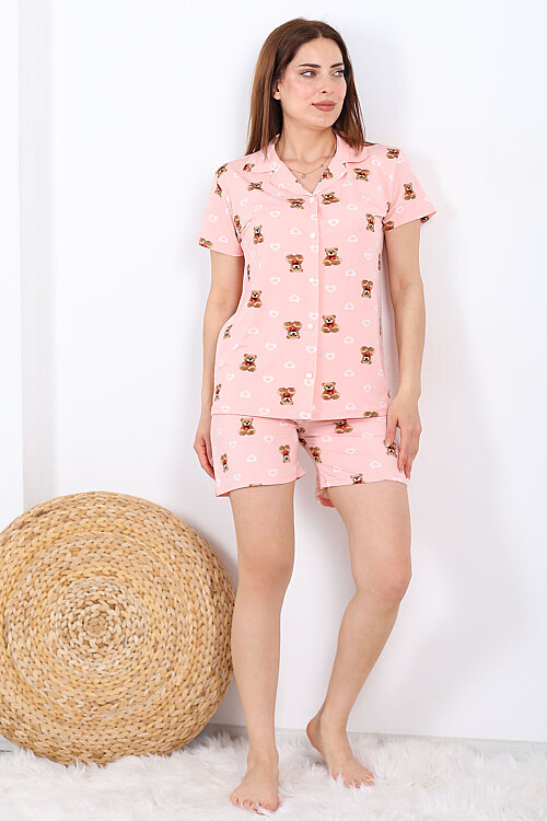 Ayıcık ve Kalp Desenli Düğmeli Pembe Kadın Şortlu Pijama Takımı - Berox