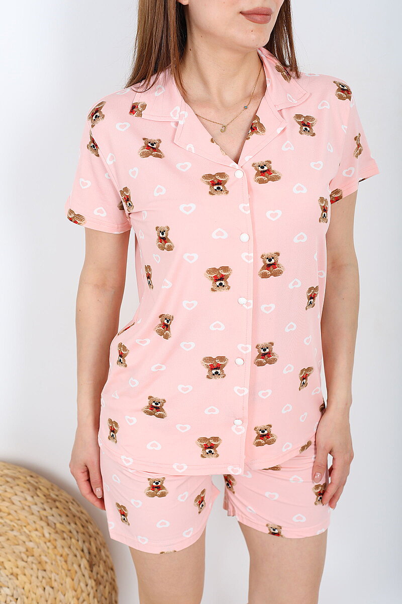 Ayıcık ve Kalp Desenli Düğmeli Pembe Kadın Şortlu Pijama Takımı - 2