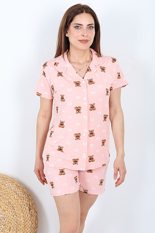 Ayıcık ve Kalp Desenli Düğmeli Pembe Kadın Şortlu Pijama Takımı - 6