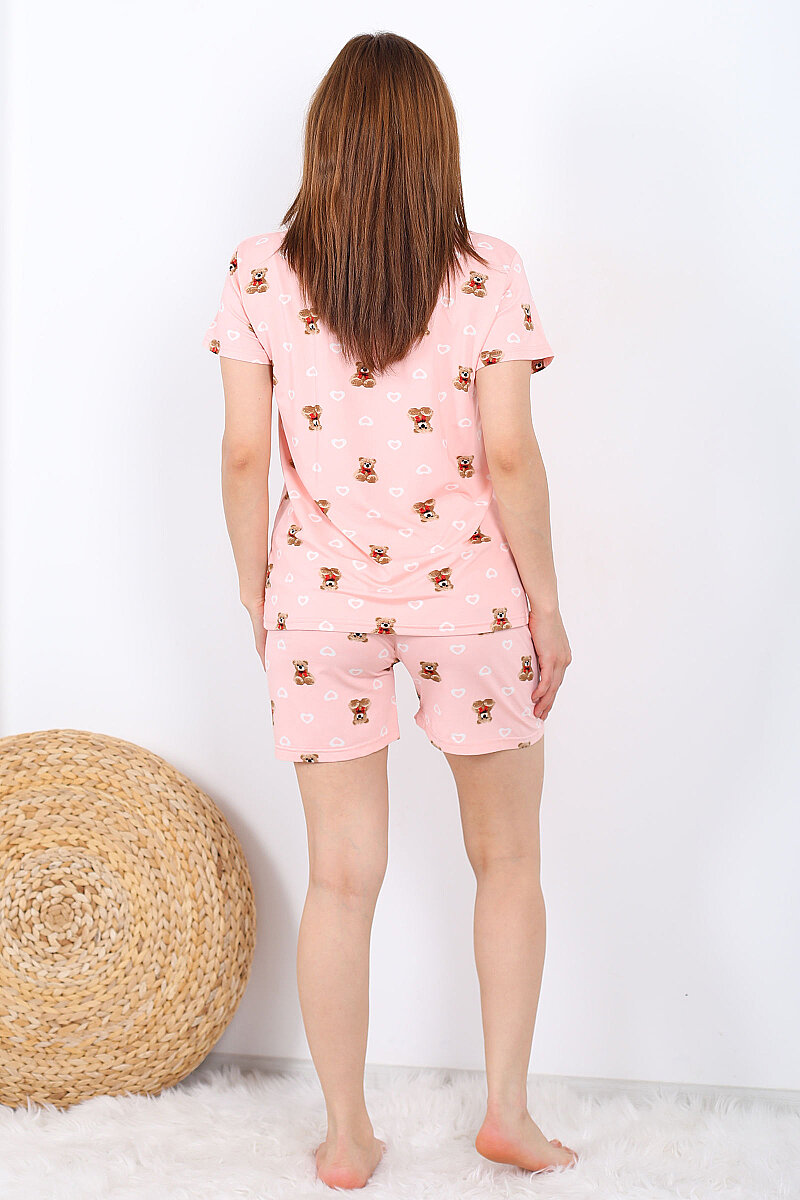 Ayıcık ve Kalp Desenli Düğmeli Pembe Kadın Şortlu Pijama Takımı - 5
