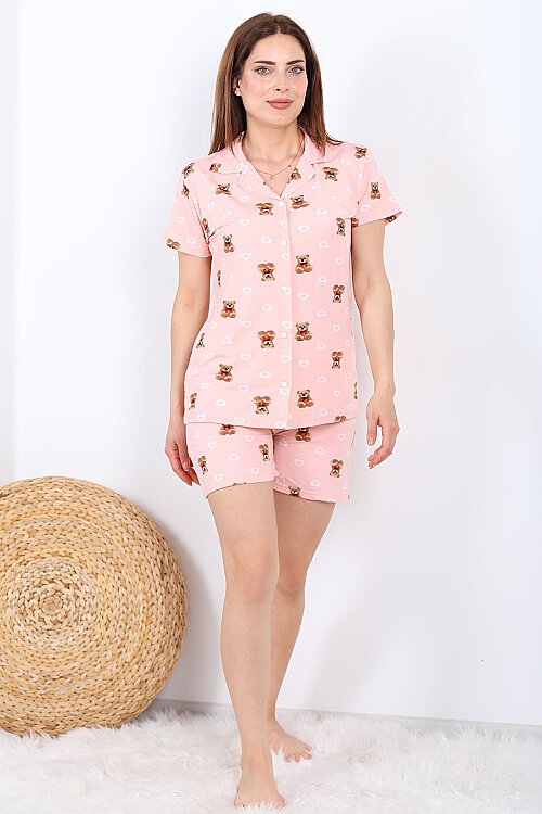 Ayıcık ve Kalp Desenli Düğmeli Pembe Kadın Şortlu Pijama Takımı - 4