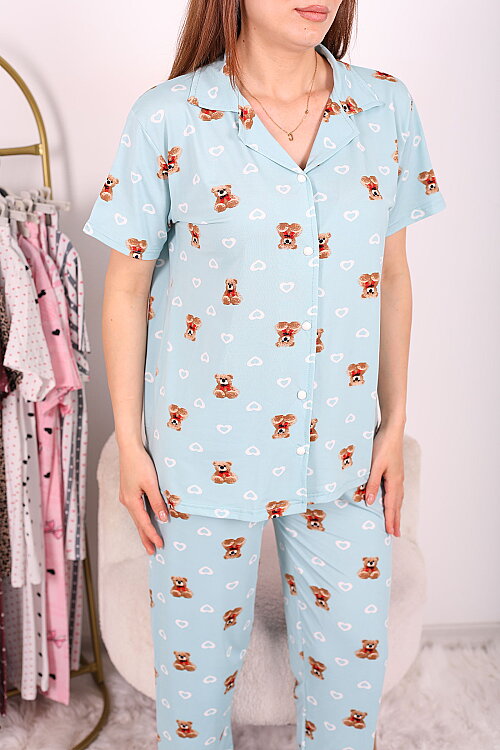 Ayıcık ve Kalp Desenli Düğmeli Turkuaz Kadın Pijama Takımı - 2