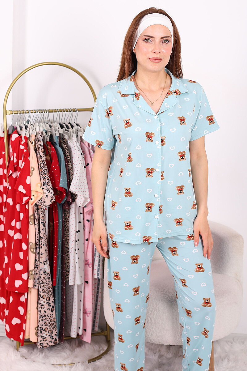 Ayıcık ve Kalp Desenli Düğmeli Turkuaz Kadın Pijama Takımı - 1