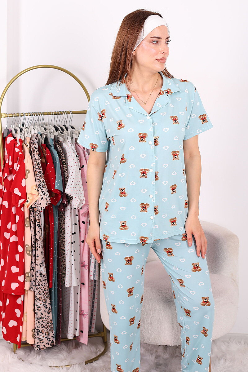 Ayıcık ve Kalp Desenli Düğmeli Turkuaz Kadın Pijama Takımı - 6