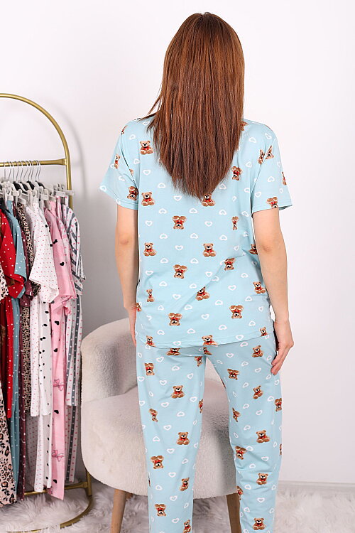 Ayıcık ve Kalp Desenli Düğmeli Turkuaz Kadın Pijama Takımı - 5