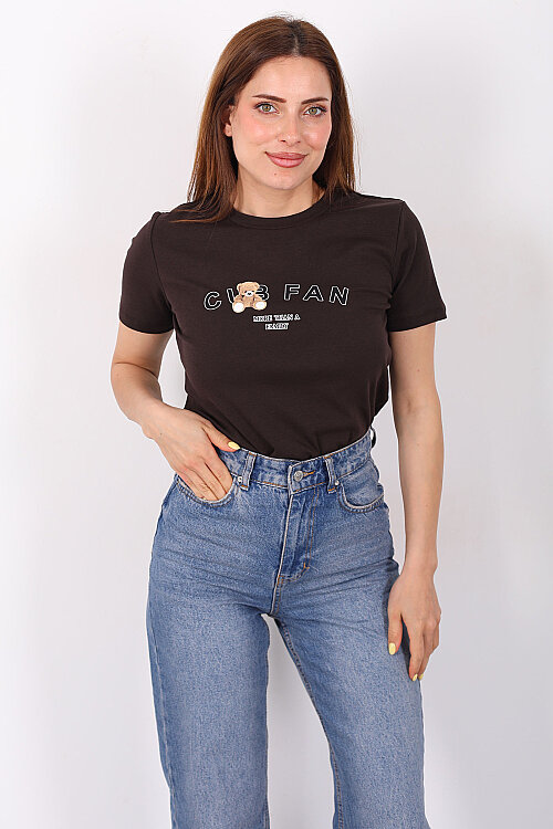 Ayıcık Yazı Baskılı Kısa Kol Acı Kahve Kadın Body - 3