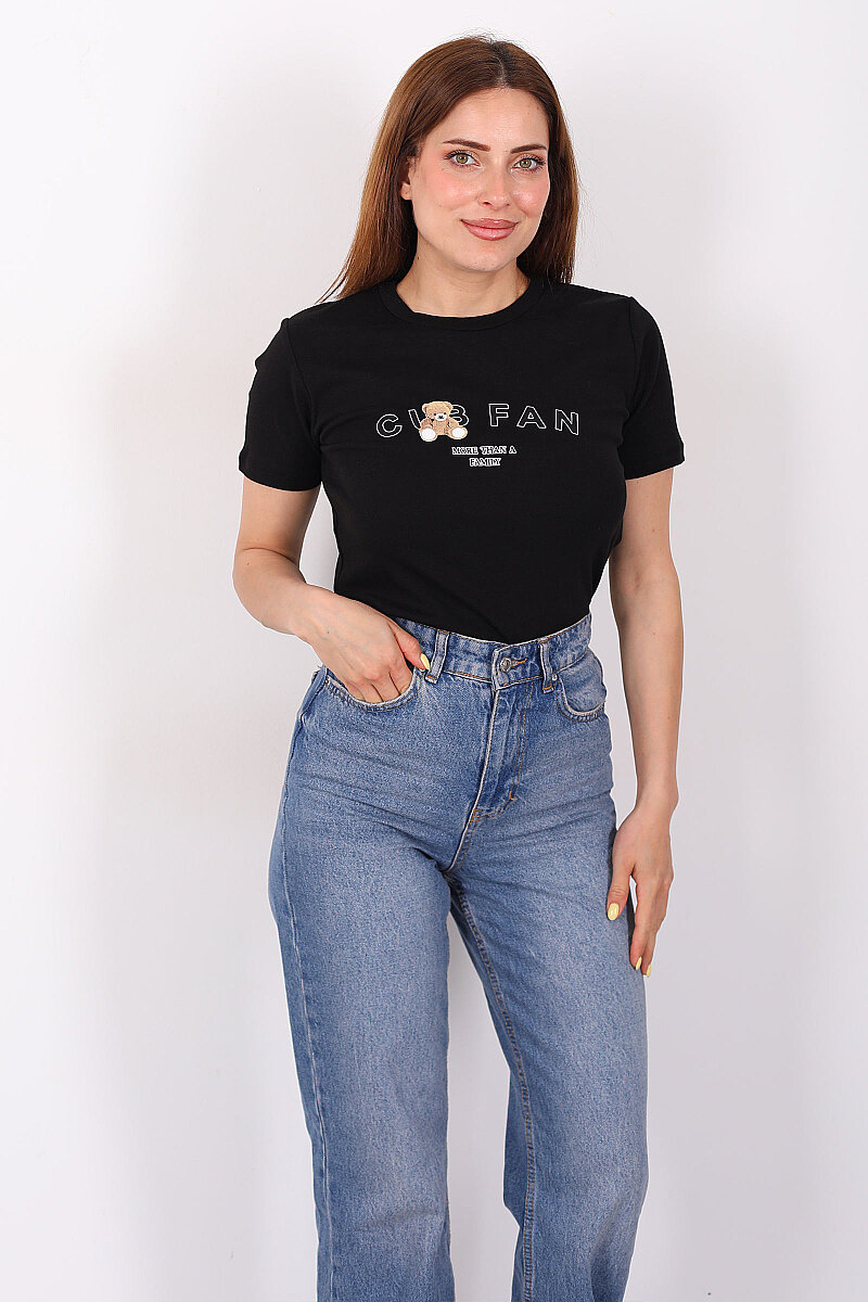 Ayıcık Yazı Baskılı Kısa Kol Siyah Kadın Body - 1