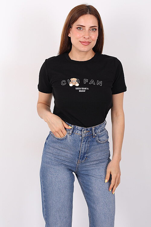 Ayıcık Yazı Baskılı Kısa Kol Siyah Kadın Body - 5