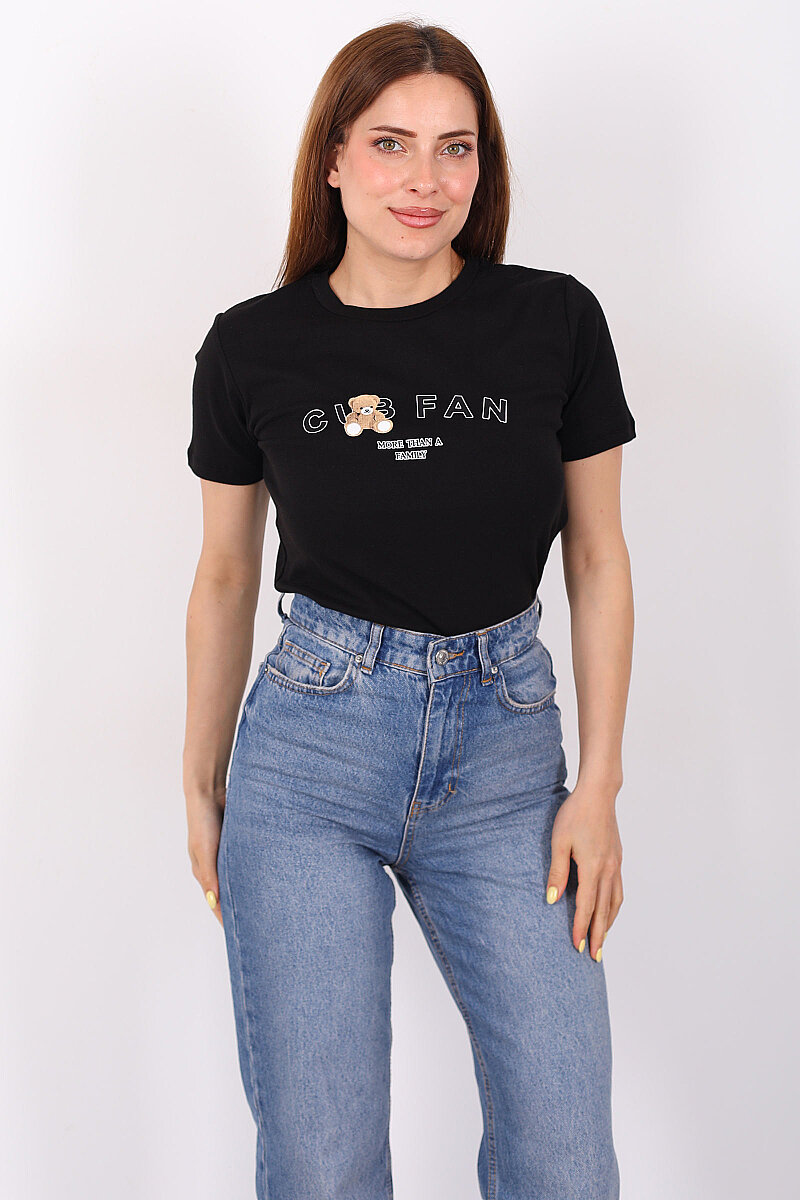 Ayıcık Yazı Baskılı Kısa Kol Siyah Kadın Body - 3