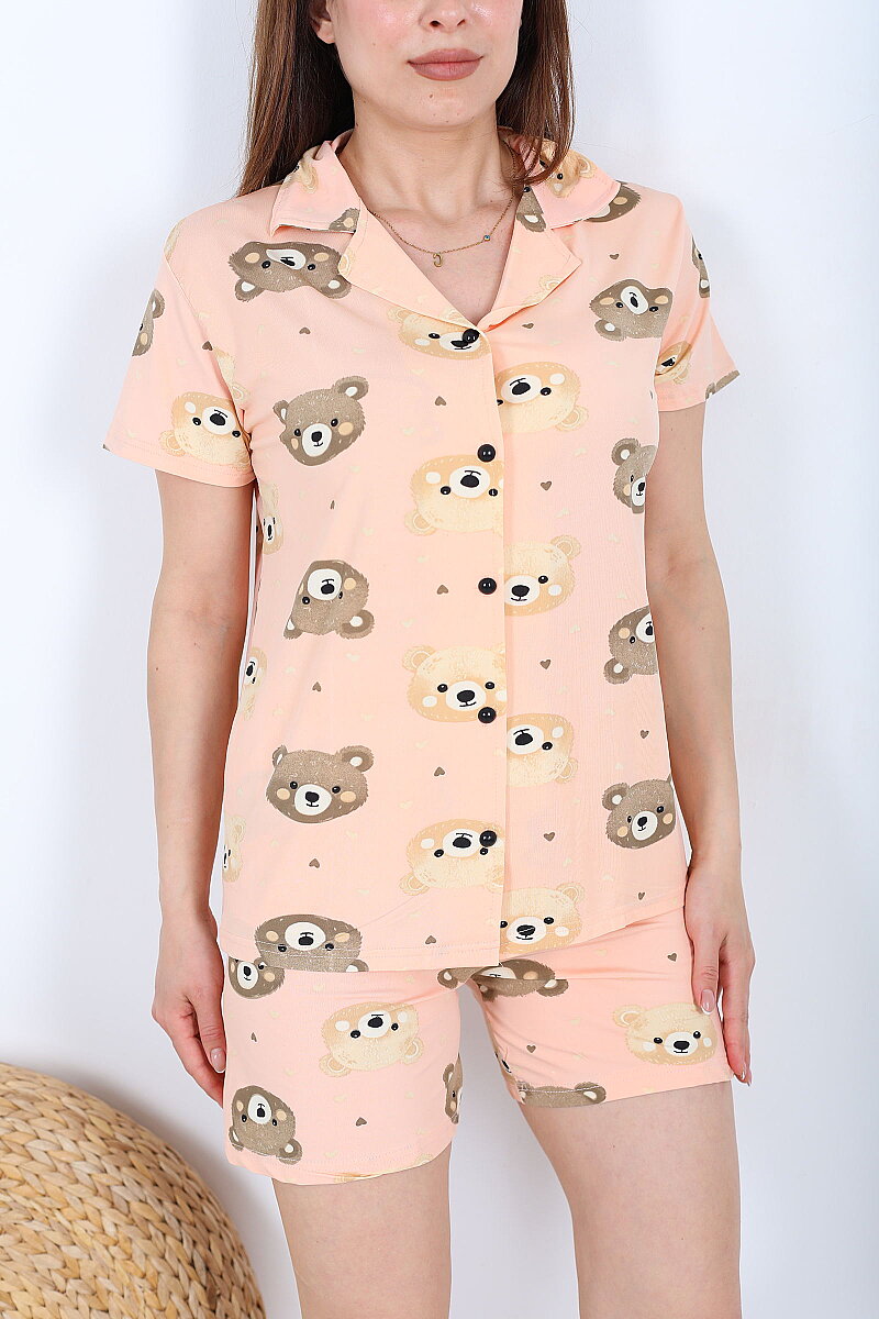 Ayıcıklı Düğmeli Pudra Kadın Şortlu Pijama Takımı - 2