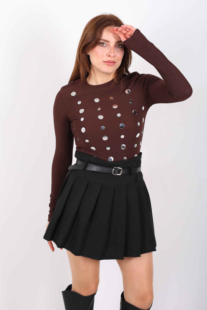 Ayna Baskılı Kadın Kahverengi Ottoman Crop - 3