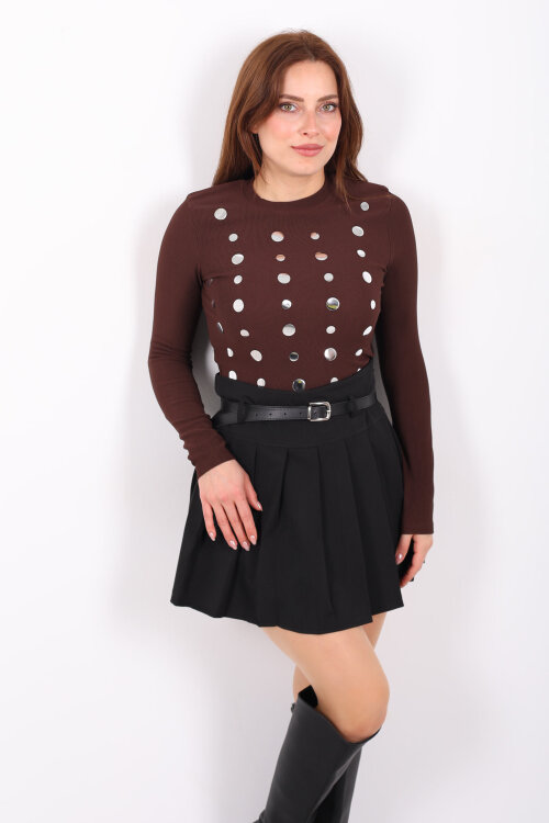 Ayna Baskılı Kadın Kahverengi Ottoman Crop - 7