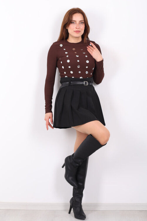 Ayna Baskılı Kadın Kahverengi Ottoman Crop - Berox