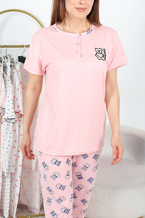 Baby Bear Pembe Kadın Yarım Düğmeli Pijama Takımı - Berox (1)