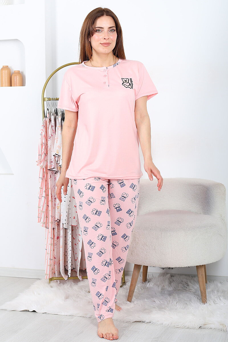 Baby Bear Pembe Kadın Yarım Düğmeli Pijama Takımı - 4