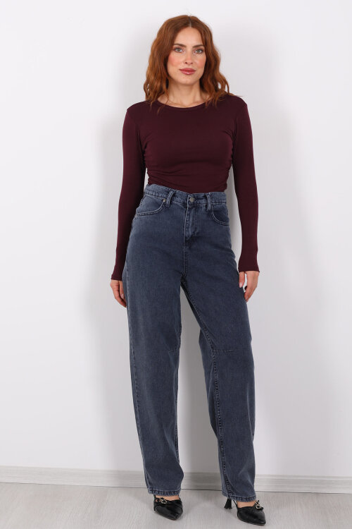 Baggy Arka Tokalı Kar Yıkama Füme Kadın Pantolon - 4