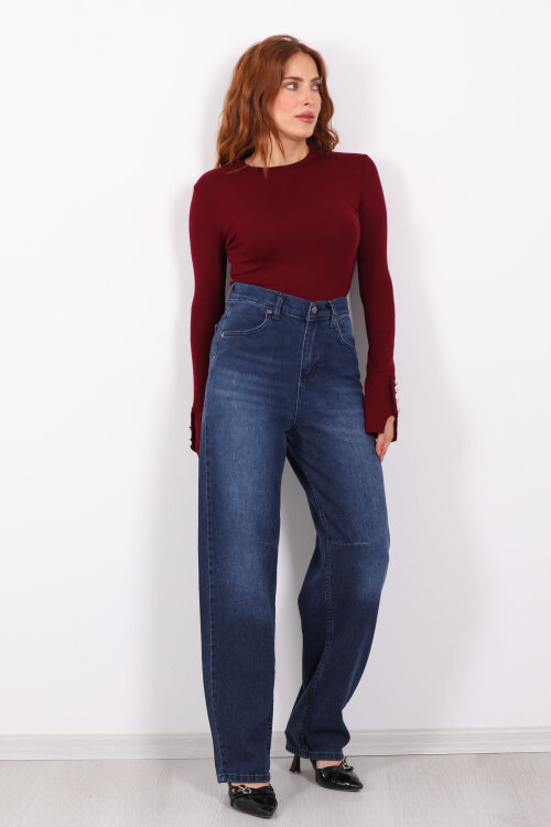 Baggy Arka Tokalı Koyu Mavi Kar Yıkama Kadın Pantolon - 4