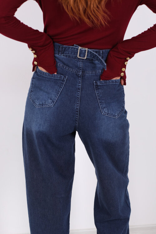 Baggy Arka Tokalı Koyu Mavi Kar Yıkama Kadın Pantolon - Berox (1)