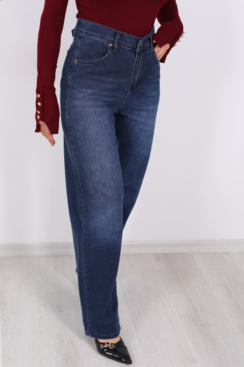 Baggy Arka Tokalı Koyu Mavi Kar Yıkama Kadın Pantolon - 5