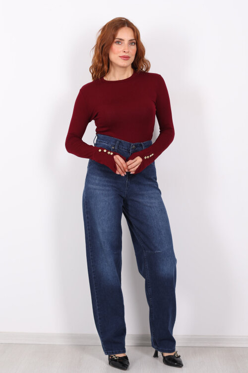 Baggy Arka Tokalı Koyu Mavi Kar Yıkama Kadın Pantolon - 3